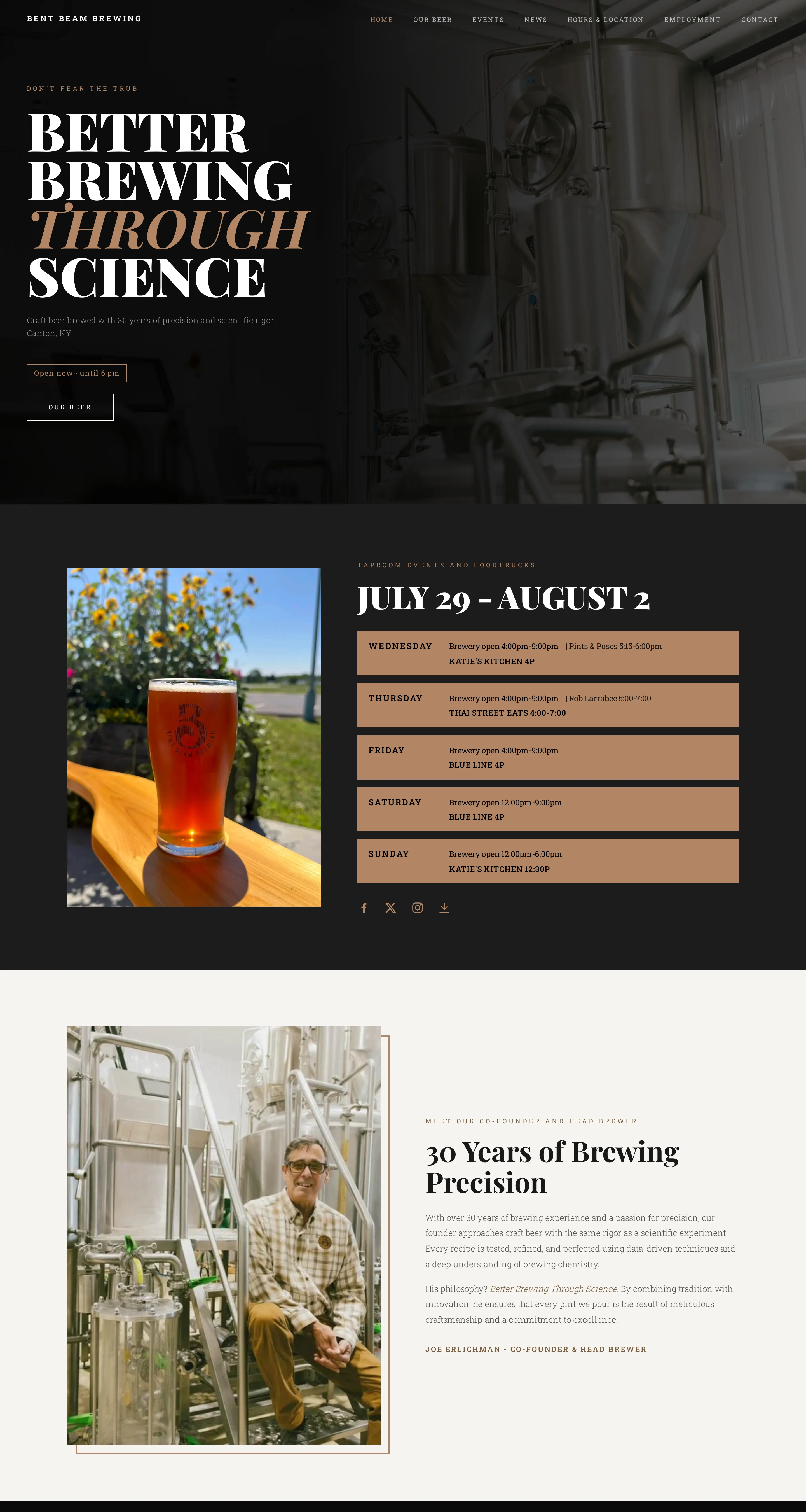 A longer view of the Bent Beam Brewing homepage showing the hero followed by the current tap list.