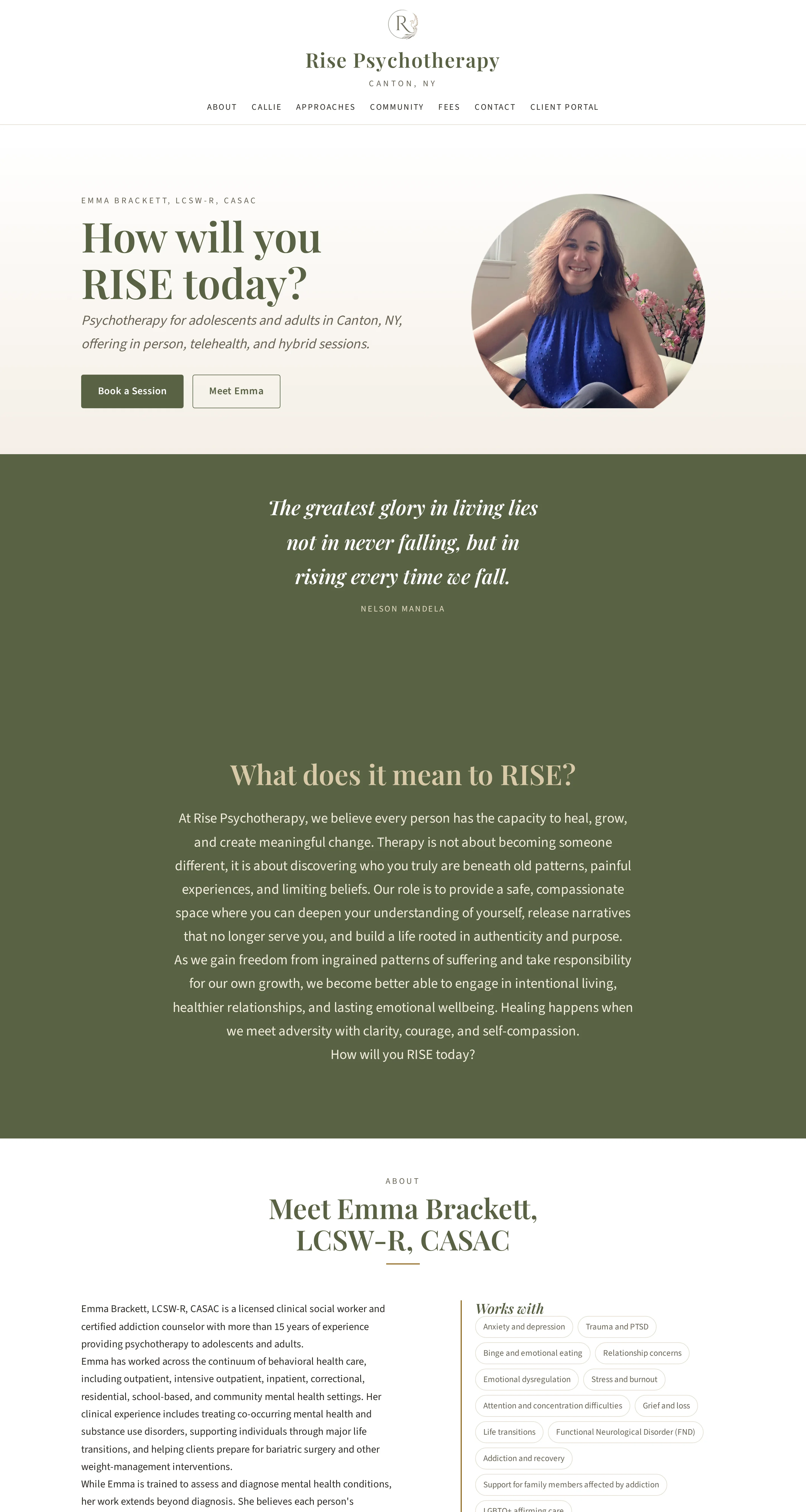 A longer view of the Rise Psychotherapy homepage showing the hero followed by the practice introduction.